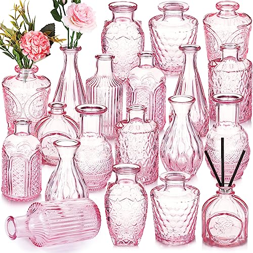 Inbagi 20 Pcs Glass Bud Vase Set - Pink Small Flower Vases Bulk, Vintage Embossed Decorative Bottles for Wedding Valentine Home Table Centerpieces Decor - color: Gradient Pink