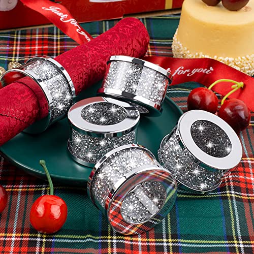 SHYFOY Silver Crushed Diamond Napkin Rings Set of 12, Serviette Holders | Sparkle Crushed Diamond Glass & Stainless Steel Frame, Table Decor for Dinners, Weddings, Festivals and Home Dining Settings - size: 12 Pieces