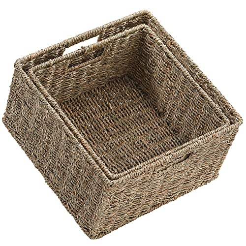 HOONEX Wicker Storage Baskets for Organizing, Decorative Woven Seagrass Baskets for Storage with Carrying Handles, Set of 2, Natural - color: Natural (Seagrass), size: 13 x 13 x 7.5 inches