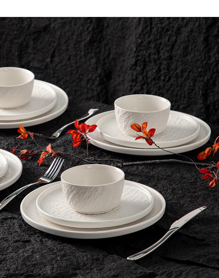 4-piece set, ceramic, embossed stone design plate and bowl set, microwave and dishwasher compatible tableware set, shatterproof and scratch resistant dinner set, irregular edge design, white - color: style - 9