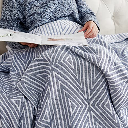 jinchan 100% Cotton Muslin Blanket Twin Boho Throw Blanket 50x60 Slate Blue | 3-Layer, Geometric Triangle Quilt, Cooling Breathable Lightweight, for Adult, Soft, Reversible, Summer, Couch, Sofa, Bedroom - color: B. Triangle Blue, size: 50"x60"