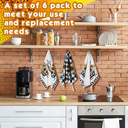Redbaker 6 Pcs Sunflower Kitchen Towels Buffalo Plaid Dish Towels | Farmhouse Kitchen Decor Towel, Sunflower Design for Housewarming, Hand Drying, Summer Dish Cloths with Black White Plaid - style: Plaid Sunflower