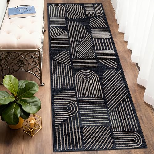 Washable Runner Rug 2x6 Area Rug Low Pile Mid Century Modern | Long Throw Carpet Runner for Hallway Kitchen Bedroom Bedside Laundry Room Non Slip Floor Boho Abstract Black and Gold - color: Black and Brown, size: 2' x 6' (Rectangular)