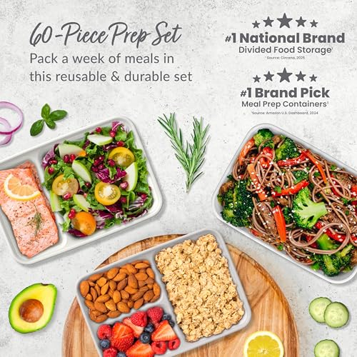 Bentgo Prep 60-Piece Meal Prep Kit - Reusable PFAS & BPA-Free Food Containers, 1-Compartment, 2-Compartment, & 3-Compartments - Microwave, Freezer, & Dishwasher Safe (White Stone) | Portion Control, Stackable, PFAS & BPA-Free, Microwave, Freezer & Dishwas