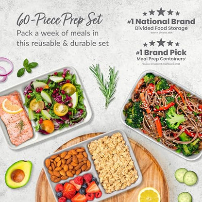 Bentgo Prep 60-Piece Meal Prep Kit - Reusable PFAS & BPA-Free Food Containers, 1-Compartment, 2-Compartment, & 3-Compartments - Microwave, Freezer, & Dishwasher Safe (White Stone) | Portion Control, Stackable, PFAS & BPA-Free, Microwave, Freezer & Dishwas