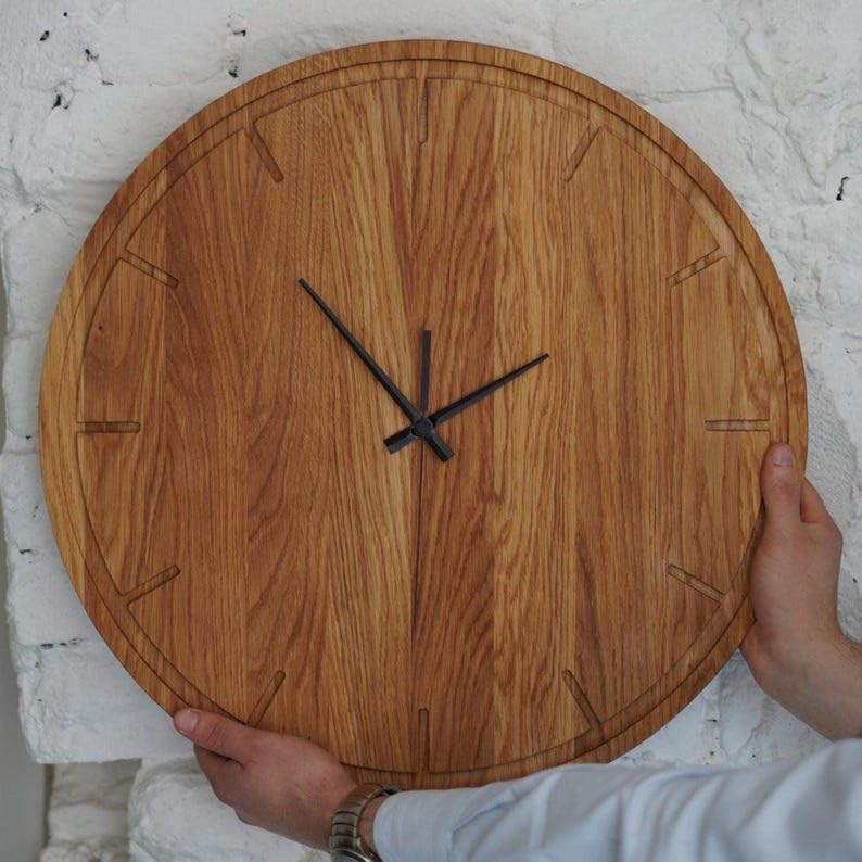 Solid Oak Wooden Wall Clock – Minimalist Silent Clock