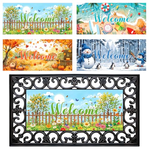 CASLON 4Pcs Interchangeable Entrance Doormats Seasonal Door Mat Inserts Holiday Welcome Hello Spring Summer Fall Winter Front Door Mat for Indoor Outdoor Christmas Home Decor 22in x 10in(No Frame)