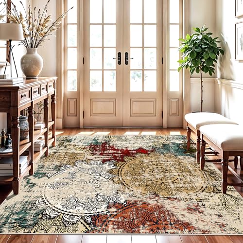 Washable 5x5 Square Area Rug: Red Soft Non-Slip Mandala Stamped Dining Room | Abstract Indoor Kitchen Entryway Thin Low Pile Stain Resistant Carpet Bedroom Accent Nursery Play Room Office 5ft Red Green - color: Red/Green/Multi, size: 5' x 5' (Square)