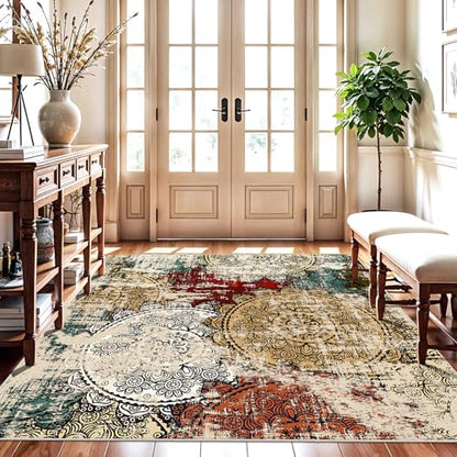 Washable 5x5 Square Area Rug: Red Soft Non-Slip Mandala Stamped Dining Room | Abstract Indoor Kitchen Entryway Thin Low Pile Stain Resistant Carpet Bedroom Accent Nursery Play Room Office 5ft Red Green - color: Red/Green/Multi, size: 5' x 5' (Square)