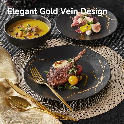 18-Piece Matte Crackle Dinnerware Sets, Black and Gold | Porcelain Plates & Bowls Set | Scratch Resistant Handcrafted Gold Luster | Microwave, Dishwasher Safe | Serves 6 | Ideal Gift - size: Service for 6 (18pcs)