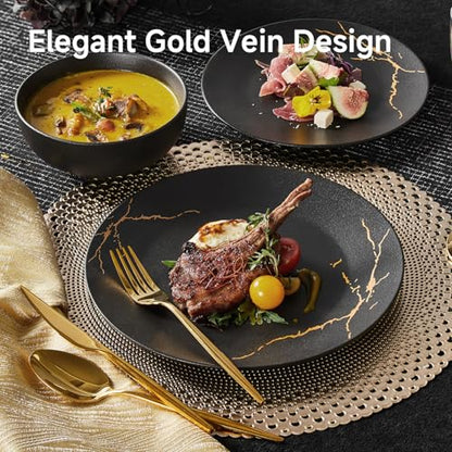 18-Piece Matte Crackle Dinnerware Sets, Black and Gold | Porcelain Plates & Bowls Set | Scratch Resistant Handcrafted Gold Luster | Microwave, Dishwasher Safe | Serves 6 | Ideal Gift - size: Service for 6 (18pcs)