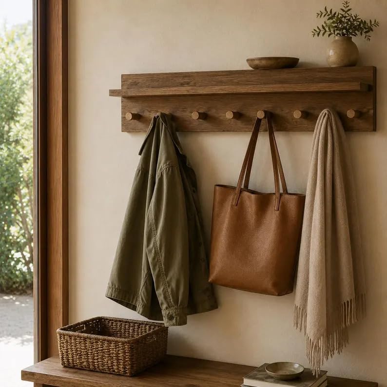 Rustic Wooden Coat Rack Wall Mount with Top Shelf, Solid Wood Peg Hook Rail Entryway Hat Jacket Purse Hanging Organizer for Mudroom Hallway Bathroom Home Decor