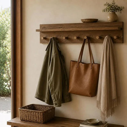 Rustic Wooden Coat Rack Wall Mount with Top Shelf, Solid Wood Peg Hook Rail Entryway Hat Jacket Purse Hanging Organizer for Mudroom Hallway Bathroom Home Decor