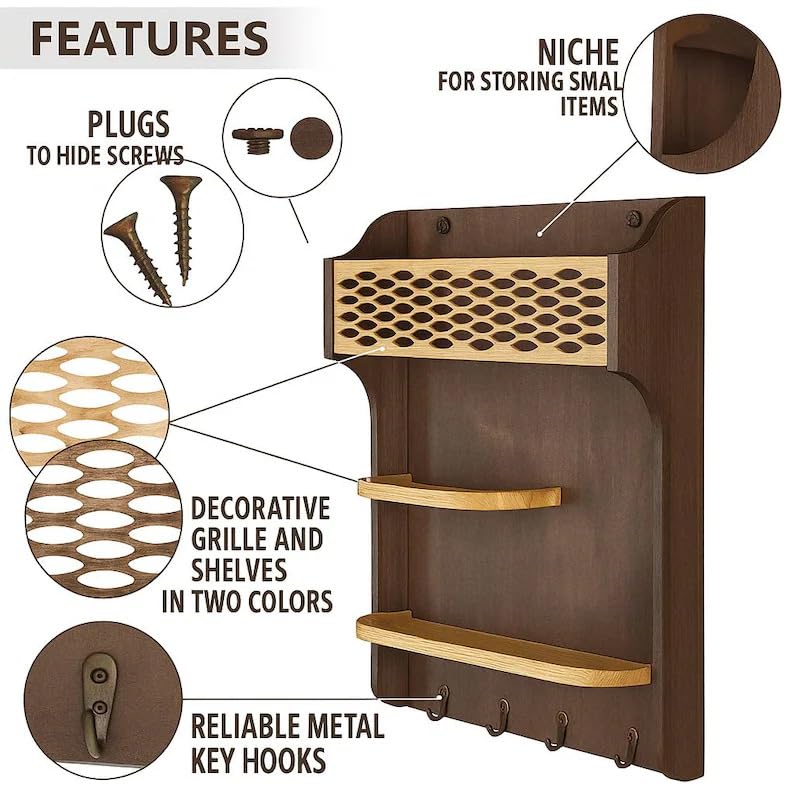 Rustic Wall Mounted Key Holder with Mail Sorter, Wooden Entryway Organizer with Hooks and Shelves, Walnut Finish Key Rack for Hallway, Living Room