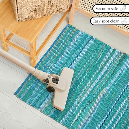Ramanta Home Hand Woven Cotton Chindi Rag Rug 2'x3' - Teal | Recycled Reversible Rug, Boho Farmhouse - Living Room, Kitchen, Entryway- 24"x36" - color: Teal, size: 2 x 3 feet