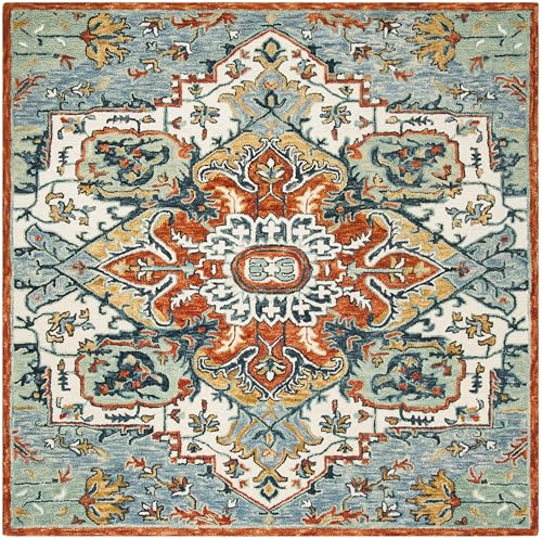 SAFAVIEH Aspen Collection Area Rug - 5' Square, Blue & Rust, Handmade Boho Wool, Ideal for High Traffic Areas in Living Room, Bedroom (APN312A) - size: 5' x 5' (Square)
