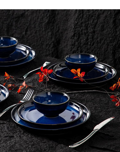 4-piece set, ceramic, natural active glaze plate and bowl set, microwave and dishwasher compatible tableware set, shatterproof and scratch resistant dinner set, irregular edge design, blue - color: style - 8