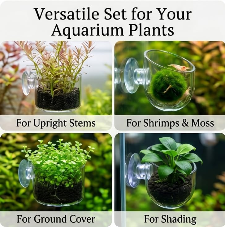 2Pcs Aquarium Plant Pot, Fish Tank Planter with Suction Cups, Plants Holder Decoration Cup