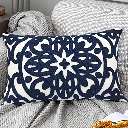Alysheer Embroidered Lumbar Decorative Throw Pillow Cover 12"x 20", Classic Boho Mandala Embroidery Pattern Cotton Rectangular Cushion Case for Sofa Couch Living Room Bedroom(Navy Blue) - color: Navy, size: 20" x 12" (Pack of 1)