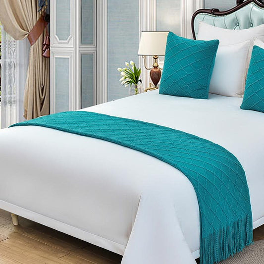 Cotton Knit Bed Runners King Size,Decorative Boho Bed Scarf with Tassel,Soft Solid Color Woven Beds Throw Blanket for Bedroom Home Hotel (Lake Blue Diamond Shape 45x45cm/only Pillowcase) - color: Lake Blue Diamond Shape, size: 45x45cm/only pillowcase