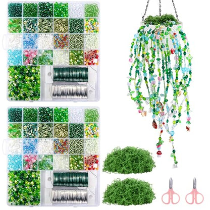 codree 2 Set/10840 Beaded Plant Kit with Artificial Moss, Green Beads for Beaded Plants Making, Forever Plant Leaf Flower Green Glass Beads for Jewelry Making DIY Crafts Succulent Plants Lover - color: 2 Set A Style