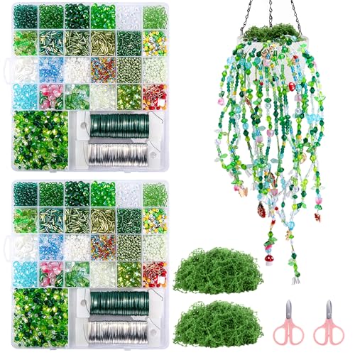 codree 2 Set/10840 Beaded Plant Kit with Artificial Moss, Green Beads for Beaded Plants Making, Forever Plant Leaf Flower Green Glass Beads for Jewelry Making DIY Crafts Succulent Plants Lover - color: 2 Set A Style