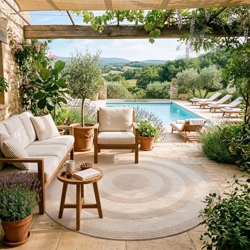LUMI 4' Round Natural Jute Area Rug, Braided Farmhouse Rug | Non Slip No Shedding Neutral Carpet, Indoor Outdoor Rug for Living Room, Dining Room & Patio - color: Earth Ember, size: 4'x4'