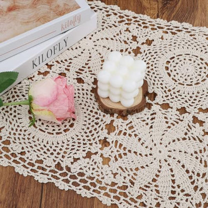 kilofly Handmade Crochet Cotton Rectangular Table Runner, 15 x 43 inch, Beige - color: Beige, size: 15 x 43 Inch