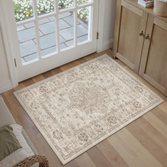 Beige Area Rug 2x3 Entryway Neutral Vintage Non-Slip Door Mat | Machine Washable, Soft, Low Pile, Distressed, for Kitchen, Hallway, Bathroom, Retro Home Decor - color: Beige, size: 2' x 3' (Rectangular)
