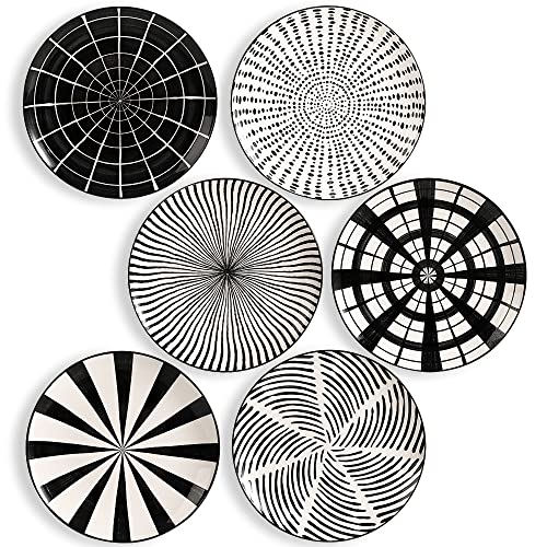 AHX Dinner Plates Ceramic Plate Set - 10 Inch Large Porcelain Round Plate Sets of 6 - Flat Modern Black Pattern Dining Plates for Kitchen | Family - Dishwasher | Microwave | Oven Safe - size: 10 inch