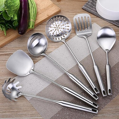 Cooking Utensils Set Stainless Steel Kitchen Metal Serving Utensils Set of 6 Pcs-Wok Spatula Ladle Set, Slotted Skimmer, Pasta Server, Serving Spoon, Slotted Spatula Tunner,Dishwasher Safe
