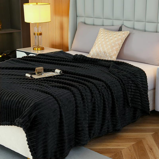 3D Ribbed Jacquard Flannel Fleece Blanket 3cm Ultra Soft Lightweight Throw Blanket Cozy Warm for Bed Sofa Couch All Season Decor (Black, 60"x80") - color: Black, size: 60"x80"