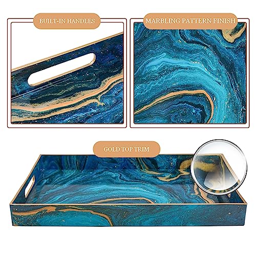 Blue Serving Trays, Plastic Rectangular Serving Tray with Handles | Rectangle Coffee Table Trays, Modern Marbling Sticker Trays, Melamine Tray for Ottoman, Kitchen Countertop, 15.6” x 11.8” - color: Blue, size: 15.6" x 1.6" x 11.8"