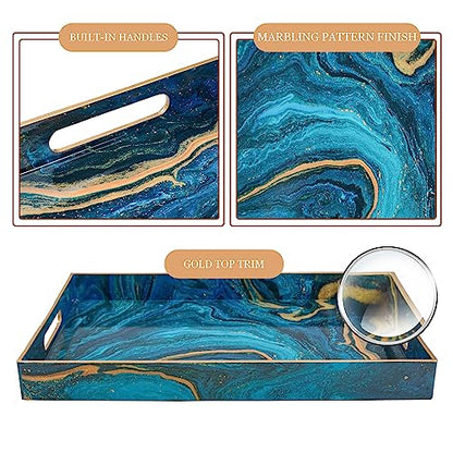 Blue Serving Trays, Plastic Rectangular Serving Tray with Handles | Rectangle Coffee Table Trays, Modern Marbling Sticker Trays, Melamine Tray for Ottoman, Kitchen Countertop, 15.6” x 11.8” - color: Blue, size: 15.6" x 1.6" x 11.8"