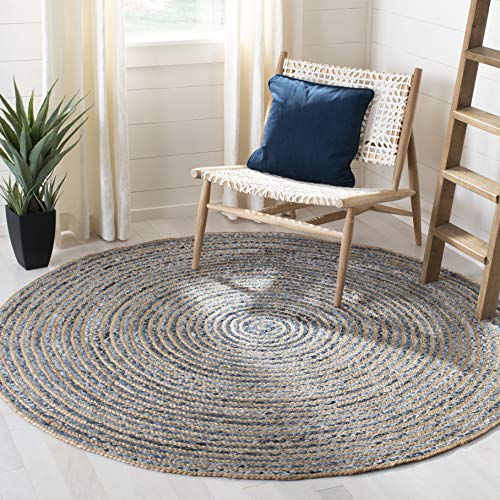 SAFAVIEH Cape Cod Collection 3' Round Natural/Blue CAP250A Handmade Flatweave Jute Entryway Foyer Living Room Bedroom Kitchen Area Rug - size: 3' (Round)