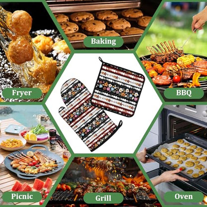 Retro Boho Flower Stripe Oven Mitts and Pot Holders Set 4 Pcs Extra Long Heat Resistant Gloves Potholder for Baking, BBQ, Grilling - color: Boho Floral Stripe