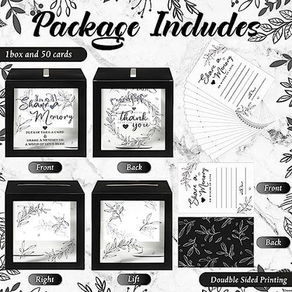 Pajean Funeral Memory Box with 50 Cards Clear Windows,Clear,Black | Keepsake Cards for Celebration Wedding Graduation, Greenery Design, Guest Book Alternative, Memory Collection Display - color: Black