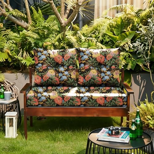 ARTPLAN Loveseat Patio Deep Seat Cushions 46"x24"x5" Bench Pad,Floral | High-density foam fill, solution-dyed UV water repellent fabric, zipper removable cover fits patio swing & bench furniture - color: Red Flower