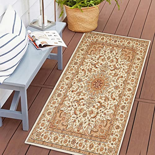 COMSLE Boho Area Rug, 2' x 4' Machine Washable Rugs for Entryway Faux Wool Small Rugs Distressed Throw Rug Non-Slip Floor Carpet for Indoor Bedroom Kitchen Living Room Cream/Beige-2 - color: Cream/Beige-2, size: 2' x 4' (Rectangular)