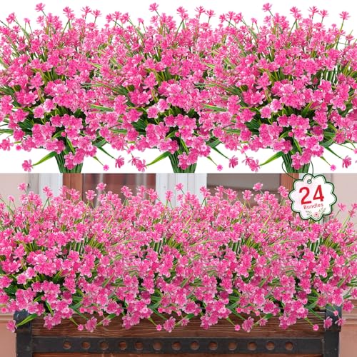 24 Bundles Artificial Flowers for Outdoors Decorations, Pink | Fake plants, plastic flowers, faux greenery stems, UV resistant, for indoor garden patio window box kitchen home decor - color: Pink, size: 24 Packs