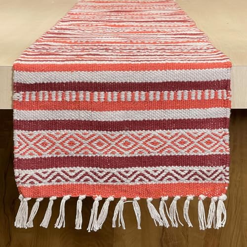 Rust Orange, White Boho Table Runner | Cotton Farmhouse Table Linen 13x72 Inches| Machine Washable, Durable and Easy to Combine - color: Rust-orange, size: 13x72 Inch.