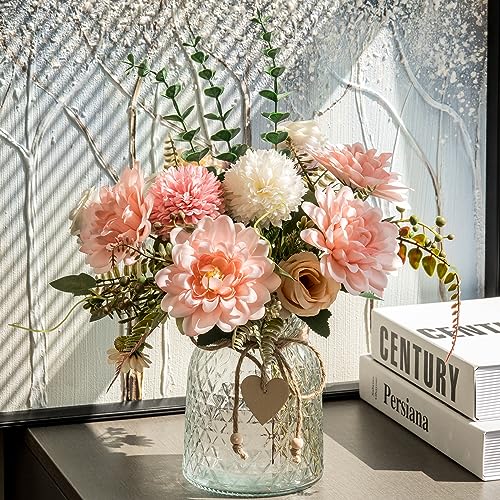 Fake Flowers with Vase,Faux Flowers in Vase for Home Decor,Silk Pink Dahlia Artificial Flowers with Vase for Coffee Table Decor,Living Room Bathroom Plant Decor, Centerpiece Table Decorations
