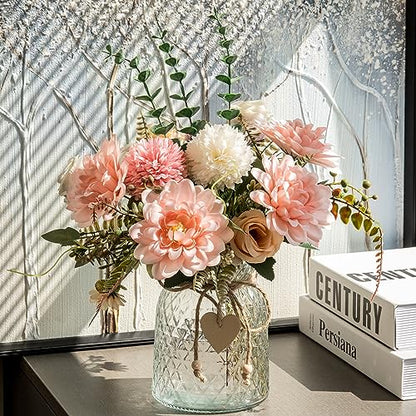 Fake Flowers with Vase,Faux Flowers in Vase for Home Decor,Silk Pink Dahlia Artificial Flowers with Vase for Coffee Table Decor,Living Room Bathroom Plant Decor, Centerpiece Table Decorations