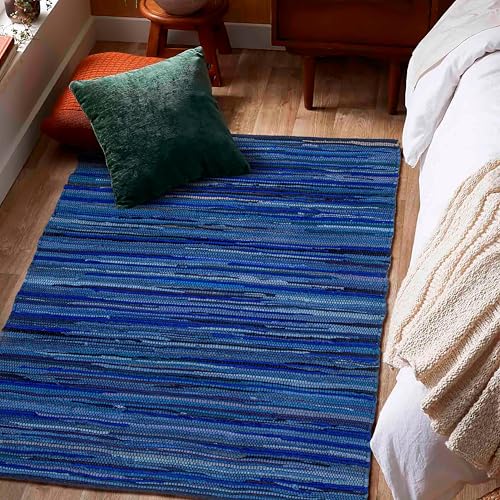 Chindi Area Rug 3x5 Feet - Navy | Cotton Hand Woven Throw Rugs for Bathroom, Easy Clean Accent Camping Carpet - color: Navy, size: 3 x 5 feet