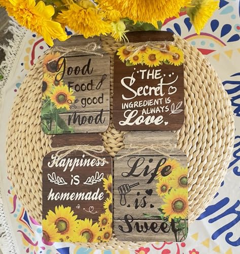 4 Pieces Kitchen Wall Decor Mason Jar Set, Wooden Kitchen Dining Room | Signs Country Wall Art Farmhouse Tiered Tray Decor 7.1*4.7Inch (Sunflower)