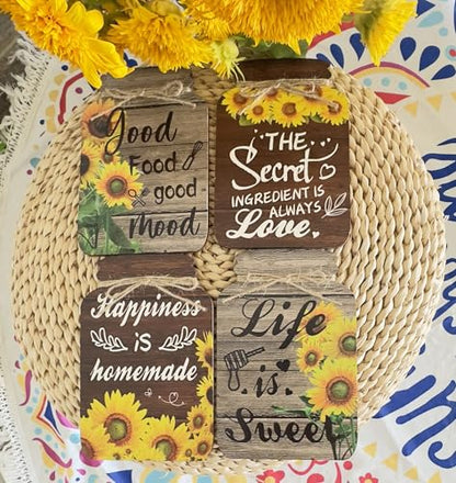 4 Pieces Kitchen Wall Decor Mason Jar Set, Wooden Kitchen Dining Room | Signs Country Wall Art Farmhouse Tiered Tray Decor 7.1*4.7Inch (Sunflower)