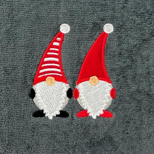 Christmas Gnomes Towel Set: Dark Grey Hand Towels with Red White Embroidery Jolly Nordic Gnome, Set of 2 - color: Holiday Gnomes
