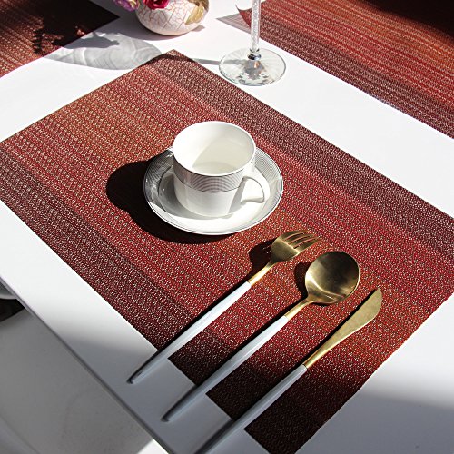 Placemats Washable Easy to Clean PVC Placemat for Kitchen Table Heat-resistand Cross Weave Vinyl Round Table Mats 12x18 inches Set of 6 （Red） - color: Red, size: placemats set of 6