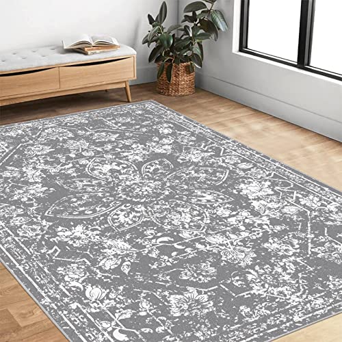 Pauwer Vintage Area Rug 4x6, Non Slip Distressed Entry Throw Rug, Grey | Machine Washable, Faux Wool, Non-Shedding, Low-Pile, Floral Entry Throw Rug For Entrance, Kitchen, Bedroom, Living Room - color: Vintage Grey, size: 4' x 6' (Rectangular)