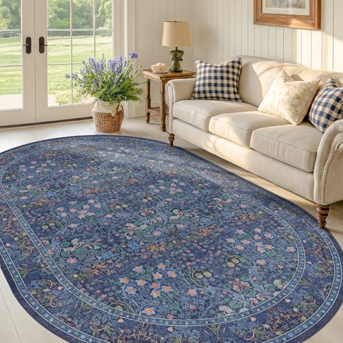 Dark Blue Oval Rug 5x8 - Vintage Floral Forest Washable Rug for Living Room, Dining Room, Bedroom, Low Pile Non Slip Stain Resistant Distressed Retro Indoor Boho Floral Carpet (5x8 Dark Blue) - color: Dark Blue, size: 5' x 8' (Oval)